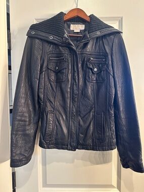 Michael Kors Black Leather Hooded Jacket